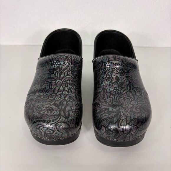 Dansko Blue & Purple Metallic Iridescent Mosaic Clog Shoes with Tropical Leaf Pr - Picture 4 of 10